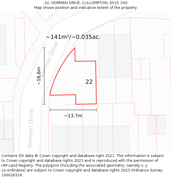 22, NORMAN DRIVE, CULLOMPTON, EX15 1XQ: Plot and title map