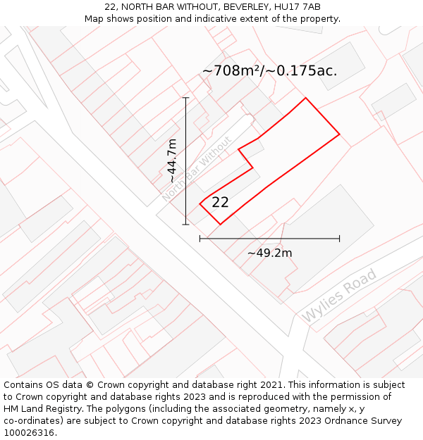 22, NORTH BAR WITHOUT, BEVERLEY, HU17 7AB: Plot and title map