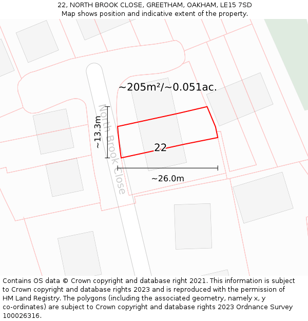 22, NORTH BROOK CLOSE, GREETHAM, OAKHAM, LE15 7SD: Plot and title map