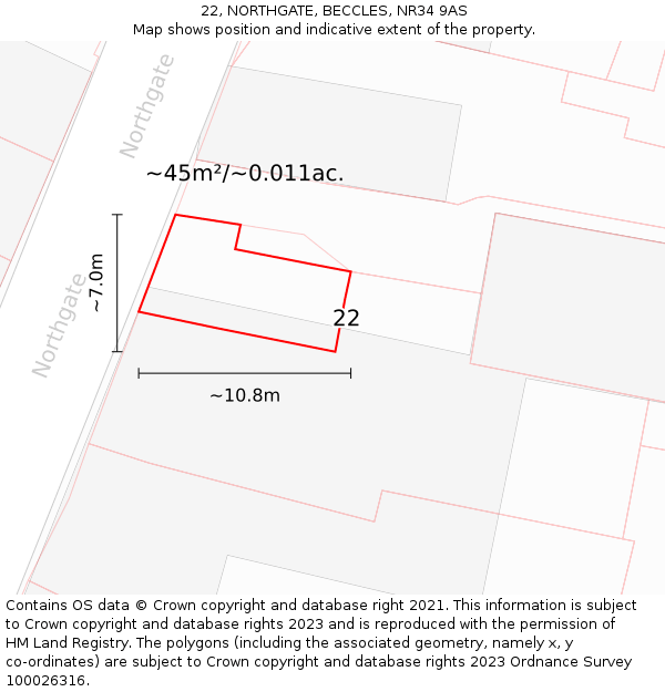 22, NORTHGATE, BECCLES, NR34 9AS: Plot and title map