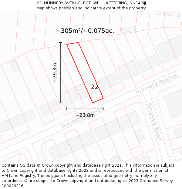 22, NUNNERY AVENUE, ROTHWELL, KETTERING, NN14 6JJ: Plot and title map