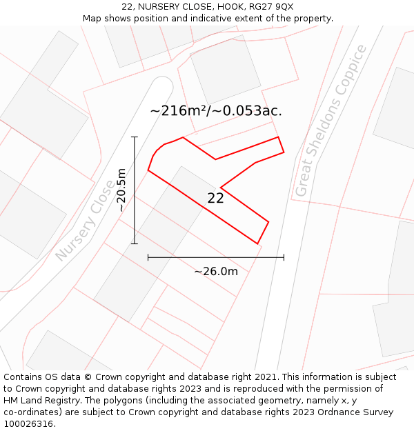 22, NURSERY CLOSE, HOOK, RG27 9QX: Plot and title map