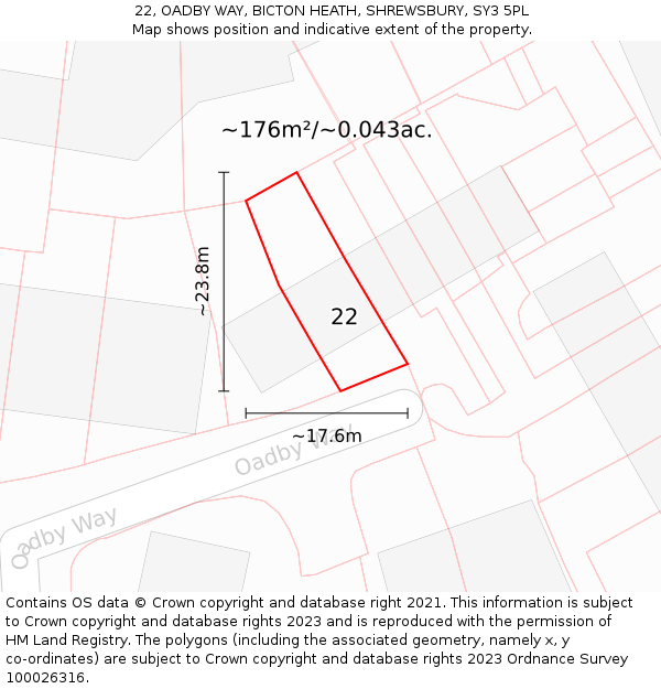 22, OADBY WAY, BICTON HEATH, SHREWSBURY, SY3 5PL: Plot and title map
