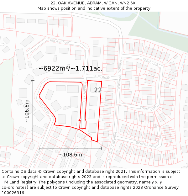 22, OAK AVENUE, ABRAM, WIGAN, WN2 5XH: Plot and title map