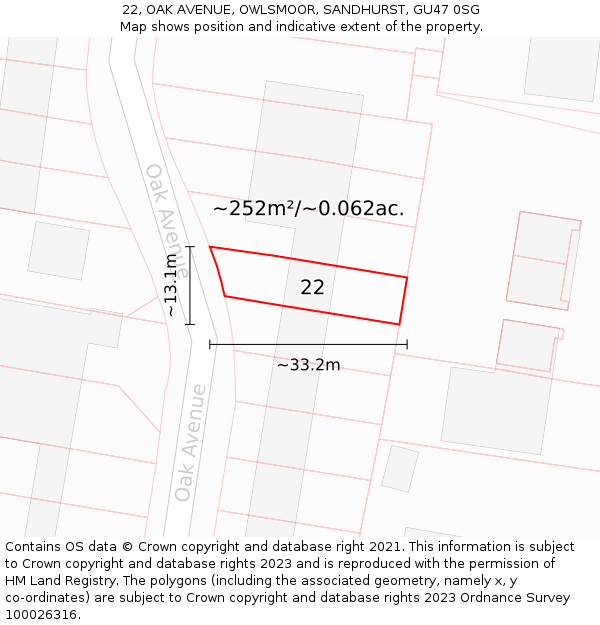 22, OAK AVENUE, OWLSMOOR, SANDHURST, GU47 0SG: Plot and title map