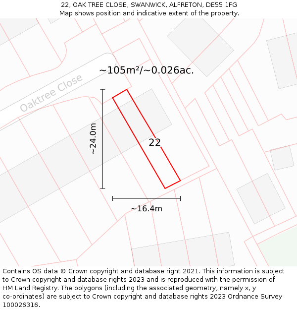 22, OAK TREE CLOSE, SWANWICK, ALFRETON, DE55 1FG: Plot and title map
