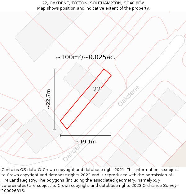 22, OAKDENE, TOTTON, SOUTHAMPTON, SO40 8FW: Plot and title map