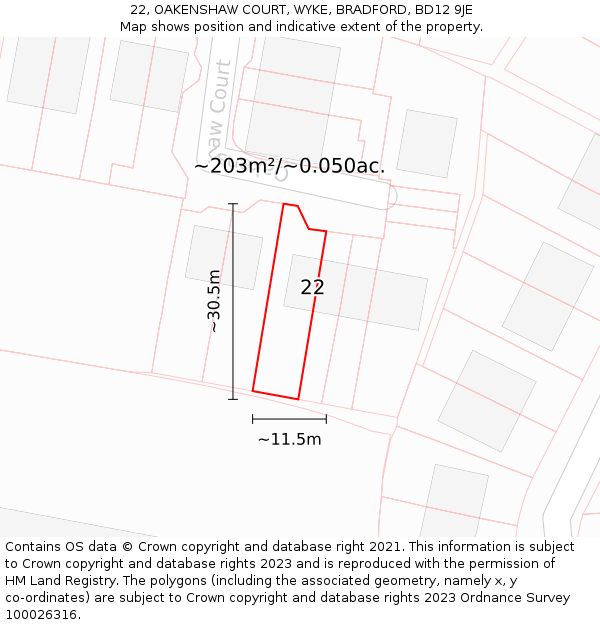 22, OAKENSHAW COURT, WYKE, BRADFORD, BD12 9JE: Plot and title map