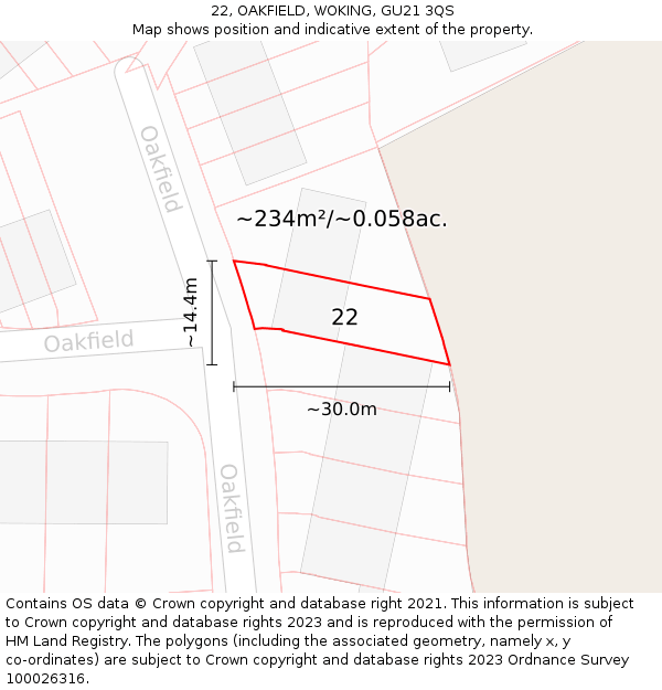 22, OAKFIELD, WOKING, GU21 3QS: Plot and title map