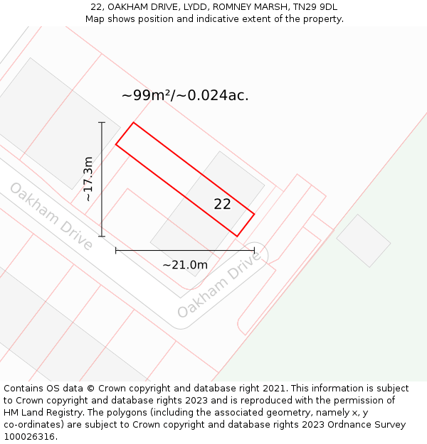 22, OAKHAM DRIVE, LYDD, ROMNEY MARSH, TN29 9DL: Plot and title map