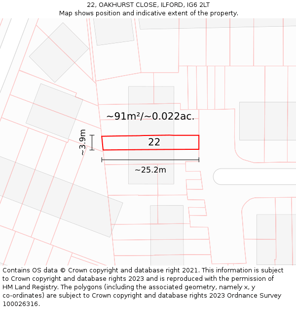 22, OAKHURST CLOSE, ILFORD, IG6 2LT: Plot and title map