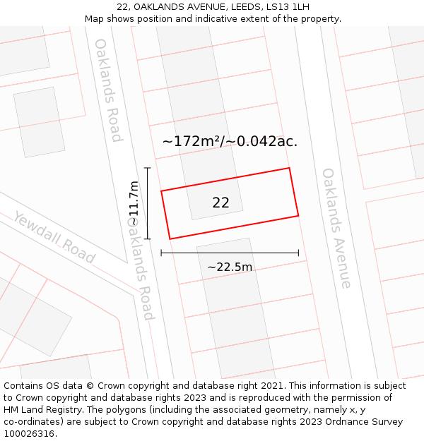 22, OAKLANDS AVENUE, LEEDS, LS13 1LH: Plot and title map
