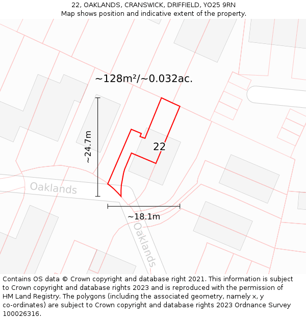 22, OAKLANDS, CRANSWICK, DRIFFIELD, YO25 9RN: Plot and title map