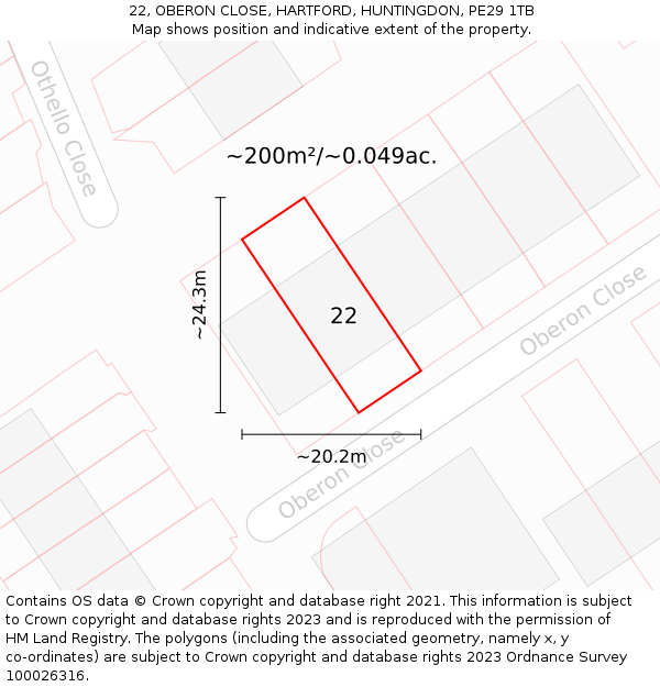 22, OBERON CLOSE, HARTFORD, HUNTINGDON, PE29 1TB: Plot and title map