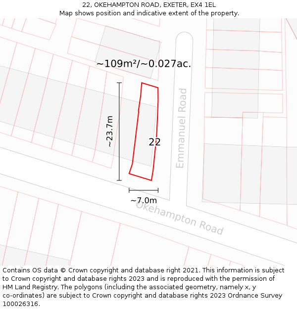 22, OKEHAMPTON ROAD, EXETER, EX4 1EL: Plot and title map