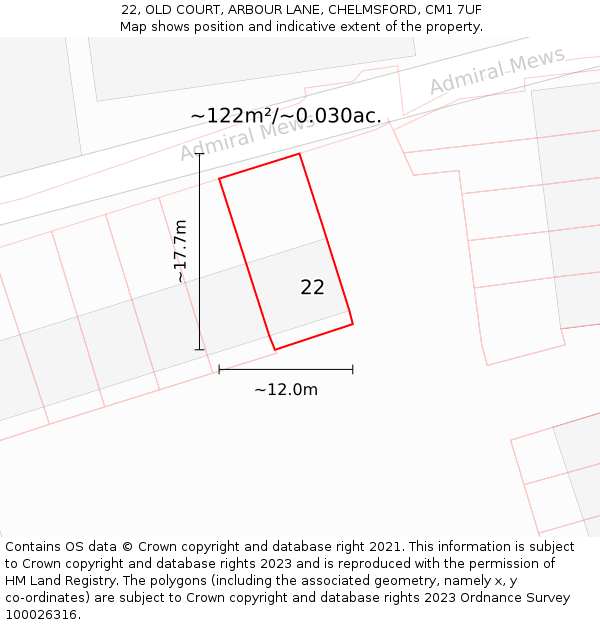 22, OLD COURT, ARBOUR LANE, CHELMSFORD, CM1 7UF: Plot and title map