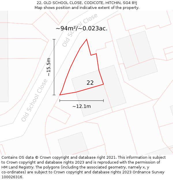 22, OLD SCHOOL CLOSE, CODICOTE, HITCHIN, SG4 8YJ: Plot and title map