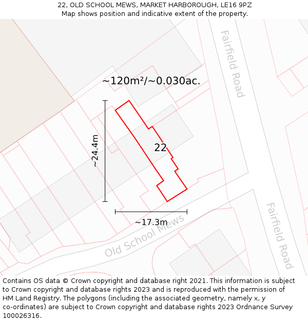 22, OLD SCHOOL MEWS, MARKET HARBOROUGH, LE16 9PZ: Plot and title map