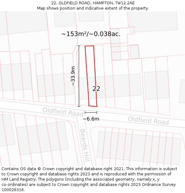 22, OLDFIELD ROAD, HAMPTON, TW12 2AE: Plot and title map