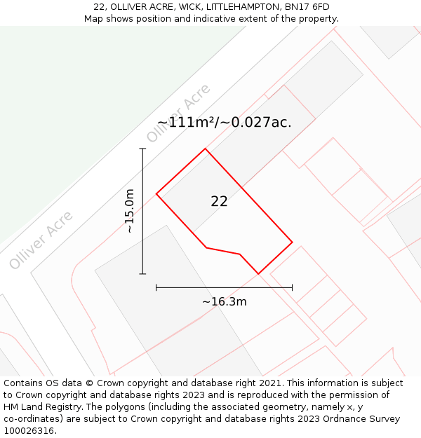22, OLLIVER ACRE, WICK, LITTLEHAMPTON, BN17 6FD: Plot and title map