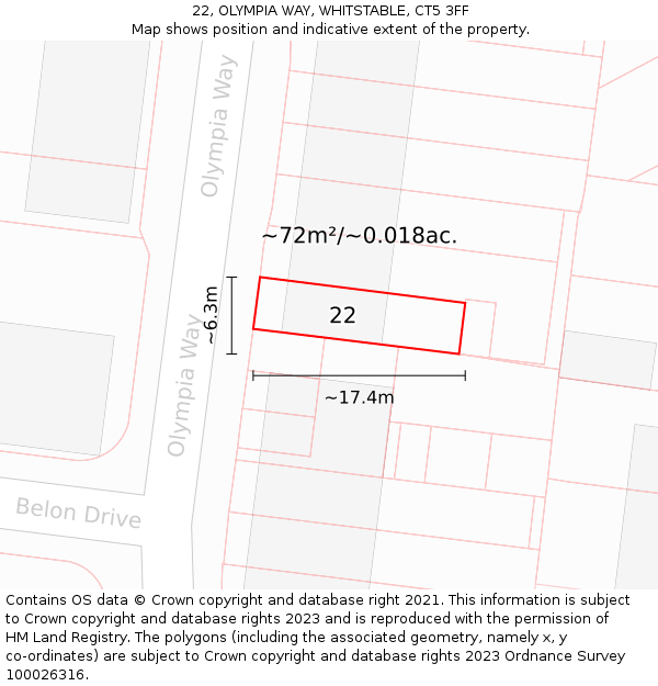 22, OLYMPIA WAY, WHITSTABLE, CT5 3FF: Plot and title map