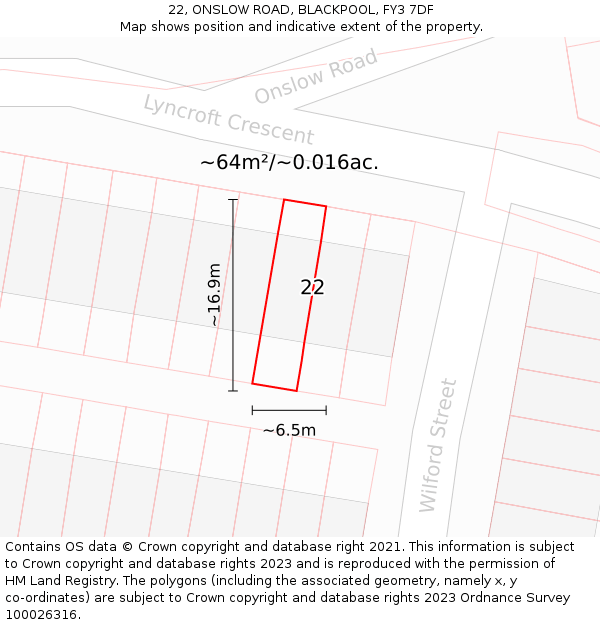 22, ONSLOW ROAD, BLACKPOOL, FY3 7DF: Plot and title map