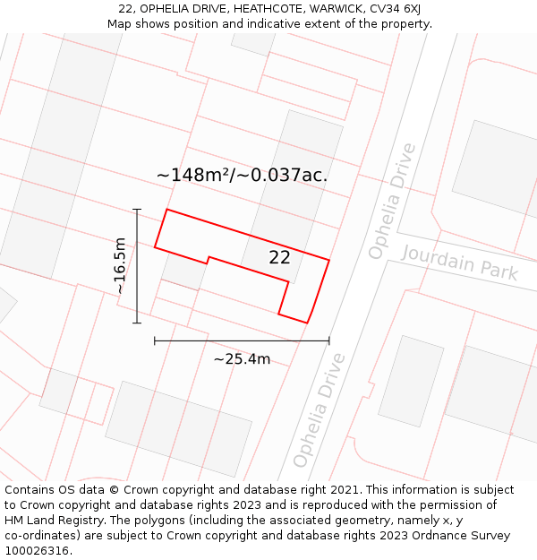 22, OPHELIA DRIVE, HEATHCOTE, WARWICK, CV34 6XJ: Plot and title map