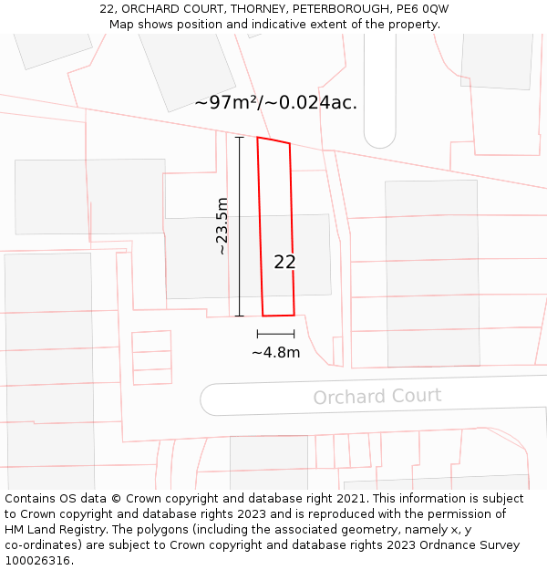 22, ORCHARD COURT, THORNEY, PETERBOROUGH, PE6 0QW: Plot and title map