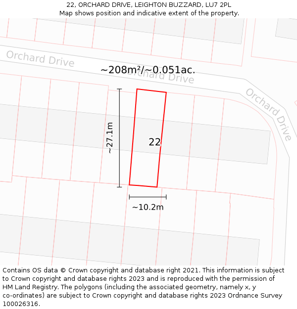 22, ORCHARD DRIVE, LEIGHTON BUZZARD, LU7 2PL: Plot and title map