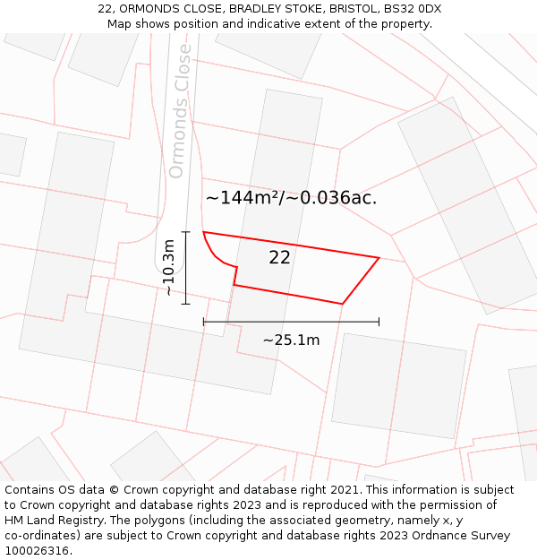 22, ORMONDS CLOSE, BRADLEY STOKE, BRISTOL, BS32 0DX: Plot and title map