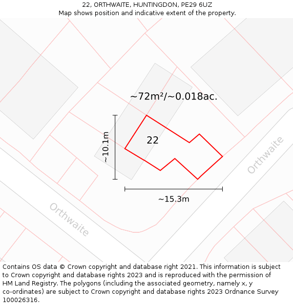 22, ORTHWAITE, HUNTINGDON, PE29 6UZ: Plot and title map