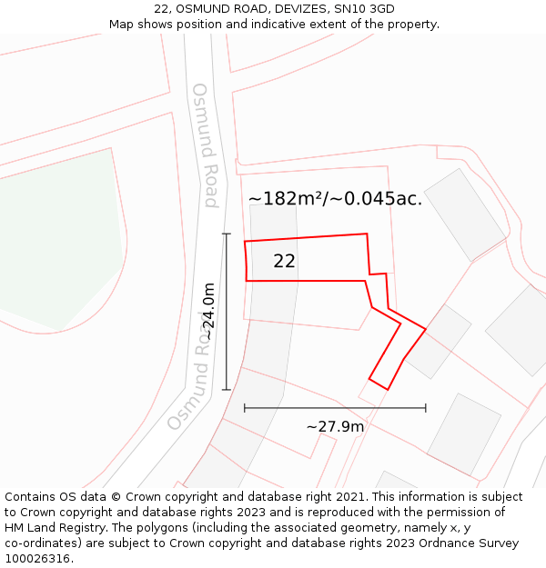 22, OSMUND ROAD, DEVIZES, SN10 3GD: Plot and title map