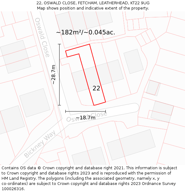22, OSWALD CLOSE, FETCHAM, LEATHERHEAD, KT22 9UG: Plot and title map