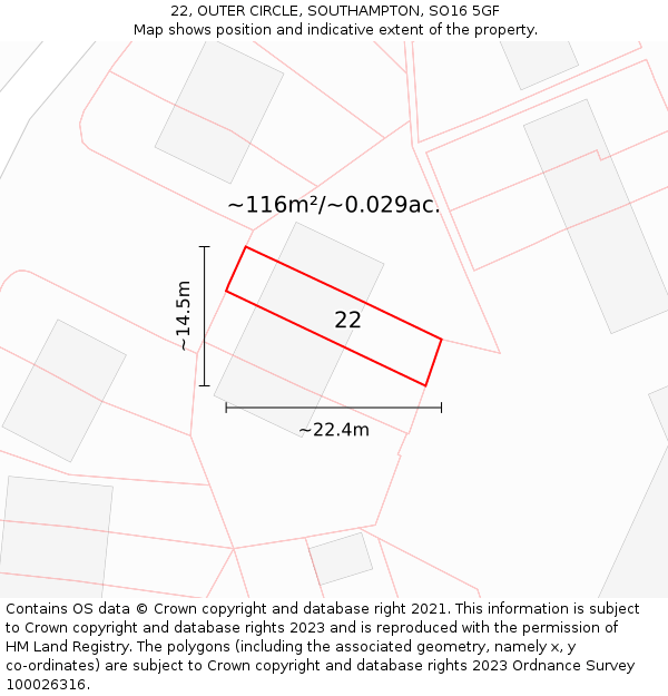 22, OUTER CIRCLE, SOUTHAMPTON, SO16 5GF: Plot and title map