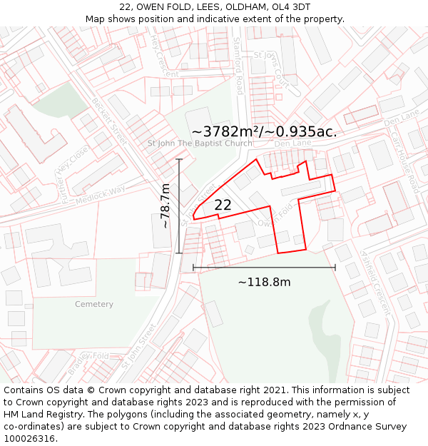 22, OWEN FOLD, LEES, OLDHAM, OL4 3DT: Plot and title map