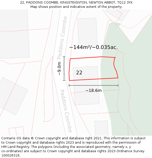 22, PADDONS COOMBE, KINGSTEIGNTON, NEWTON ABBOT, TQ12 3YX: Plot and title map