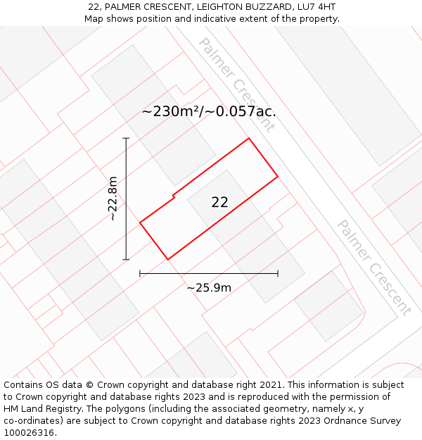 22, PALMER CRESCENT, LEIGHTON BUZZARD, LU7 4HT: Plot and title map