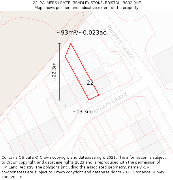 22, PALMERS LEAZE, BRADLEY STOKE, BRISTOL, BS32 0HE: Plot and title map