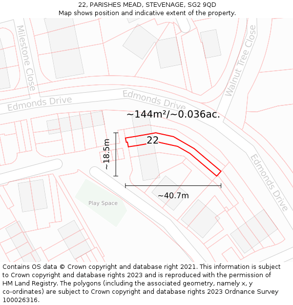 22, PARISHES MEAD, STEVENAGE, SG2 9QD: Plot and title map