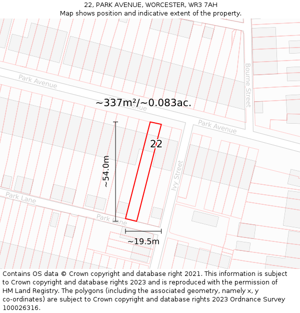22, PARK AVENUE, WORCESTER, WR3 7AH: Plot and title map