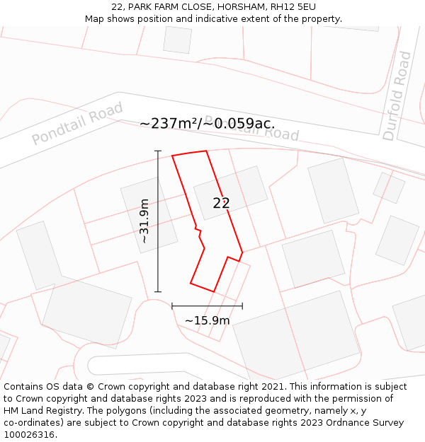 22, PARK FARM CLOSE, HORSHAM, RH12 5EU: Plot and title map
