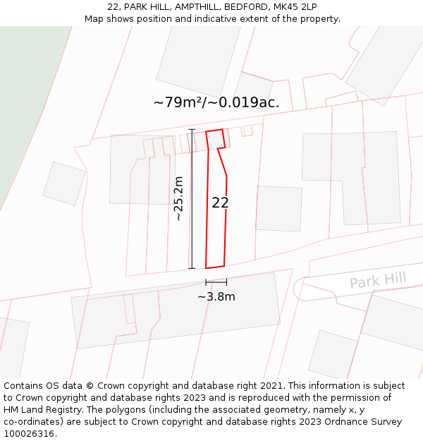 22, PARK HILL, AMPTHILL, BEDFORD, MK45 2LP: Plot and title map