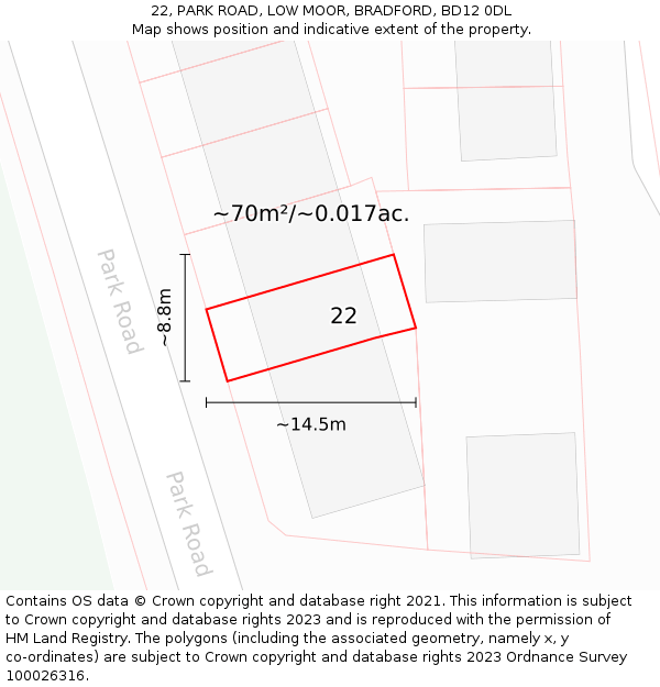22, PARK ROAD, LOW MOOR, BRADFORD, BD12 0DL: Plot and title map