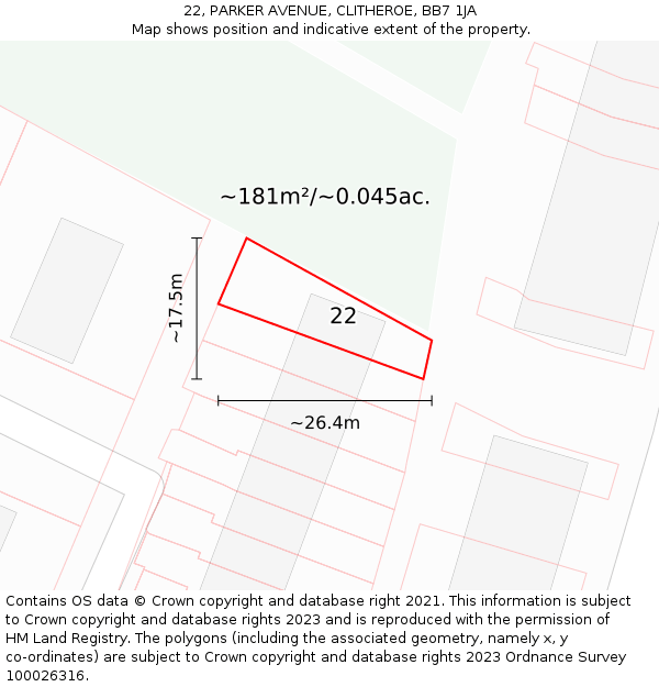 22, PARKER AVENUE, CLITHEROE, BB7 1JA: Plot and title map
