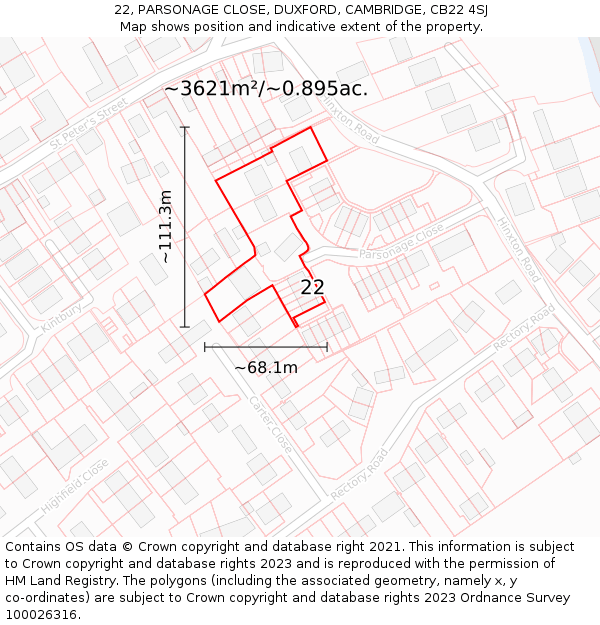 22, PARSONAGE CLOSE, DUXFORD, CAMBRIDGE, CB22 4SJ: Plot and title map