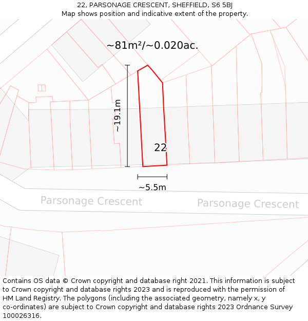 22, PARSONAGE CRESCENT, SHEFFIELD, S6 5BJ: Plot and title map