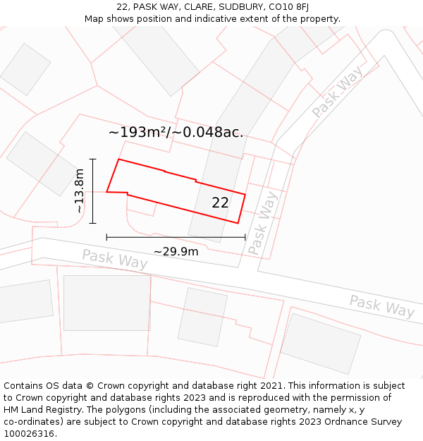 22, PASK WAY, CLARE, SUDBURY, CO10 8FJ: Plot and title map