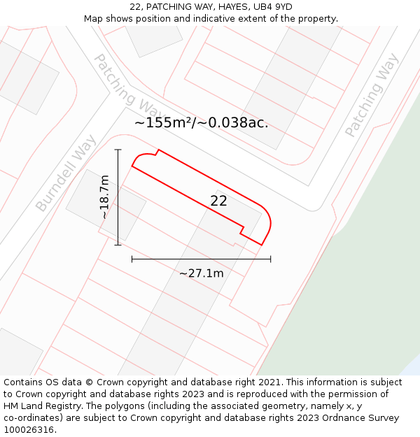 22, PATCHING WAY, HAYES, UB4 9YD: Plot and title map