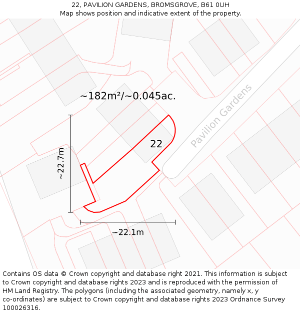 22, PAVILION GARDENS, BROMSGROVE, B61 0UH: Plot and title map