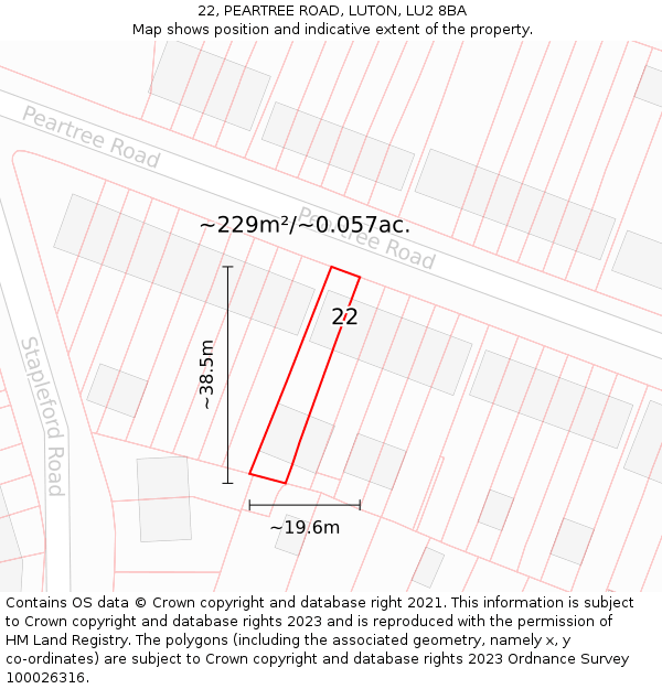 22, PEARTREE ROAD, LUTON, LU2 8BA: Plot and title map